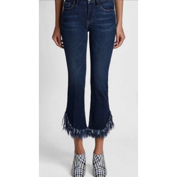Frame Le Crop Mini Boot Jean US 26 Fringe Shredded Hem Blue Dark Wash Boho - Picture 4 of 14